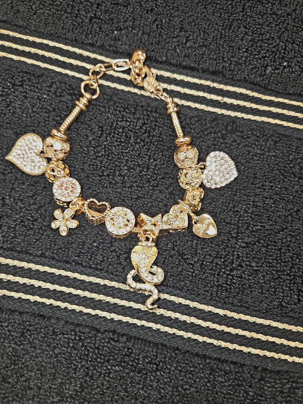 Gold Charm Bracelet with Pave Hearts and Seahorse Charm - Women's Jewelry